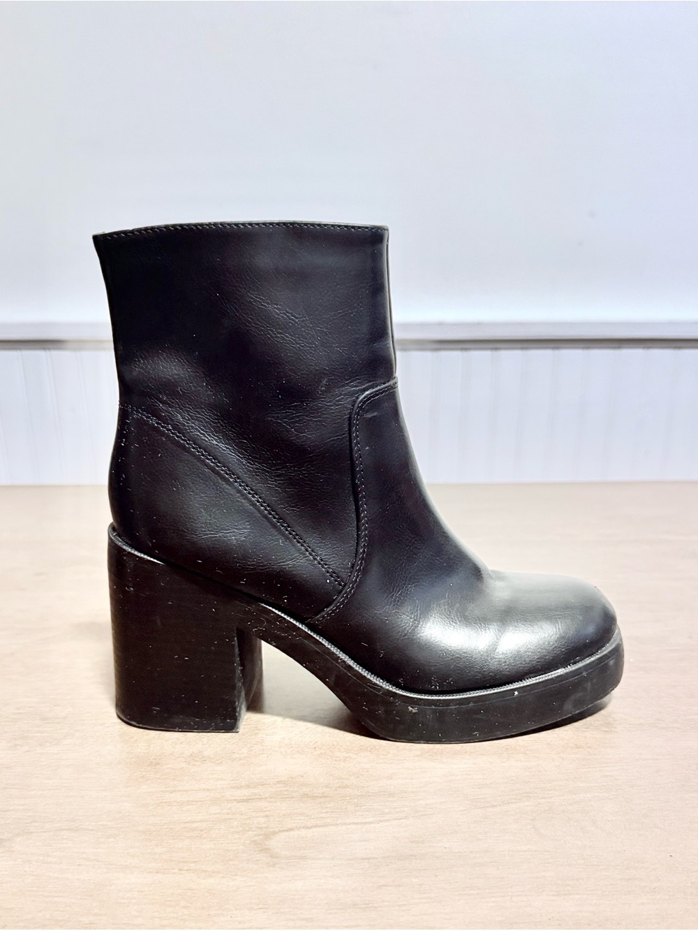 Black Leather Platform Block Heel Ankle Boots